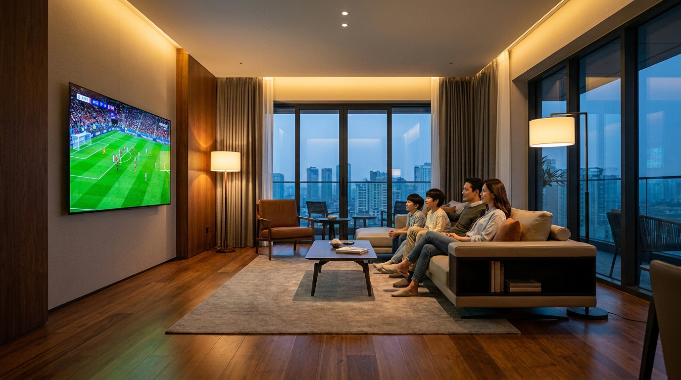 reddit best iptv service - A sleek, modern living room with a family
