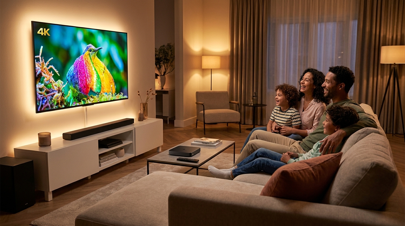 which is best streaming device for tv for iptv - A family happily gathered on a sofa, watching